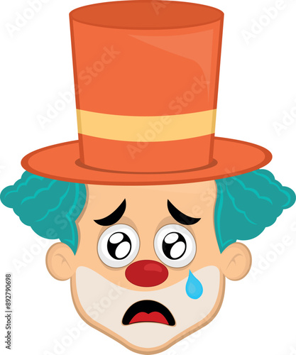 vector illustration face character clown cartoon, with a sad expression, watery eyes and a tear falling from one eye