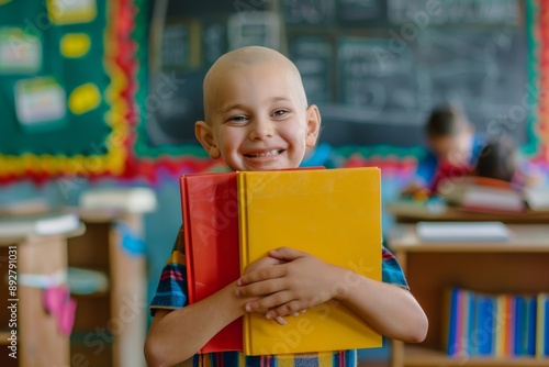 Adorable kid smiling bright hugging vibrant books school setting. Cheerful child beams while hugging colorful schoolbooks classroom. Embracing knowledge unfiltered joy and touch of playful curiosity. photo