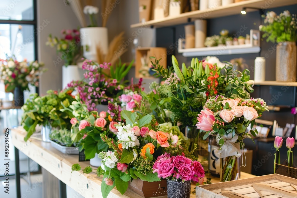 Fototapeta premium DIY Bouquet Station in a Vibrant Flower Shop for Creative Floral Arrangements and Gifts