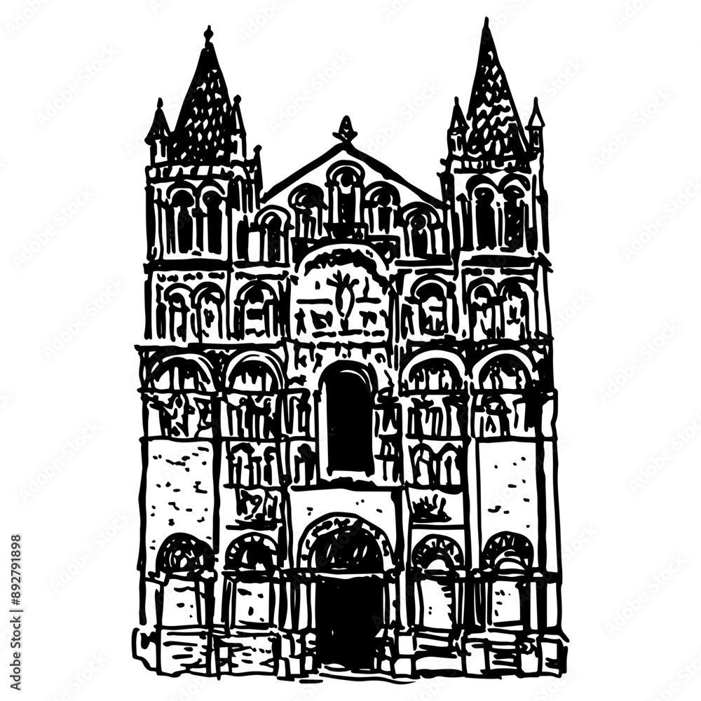Fototapeta premium Façade of Angoulême Cathedral in Charente, France. Roman Catholic Church. Romanesque architecture. Hand drawn linear doodle rough sketch. Black and white silhouette.