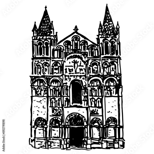 Façade of Angoulême Cathedral in Charente, France. Roman Catholic Church. Romanesque architecture. Hand drawn linear doodle rough sketch. Black and white silhouette.