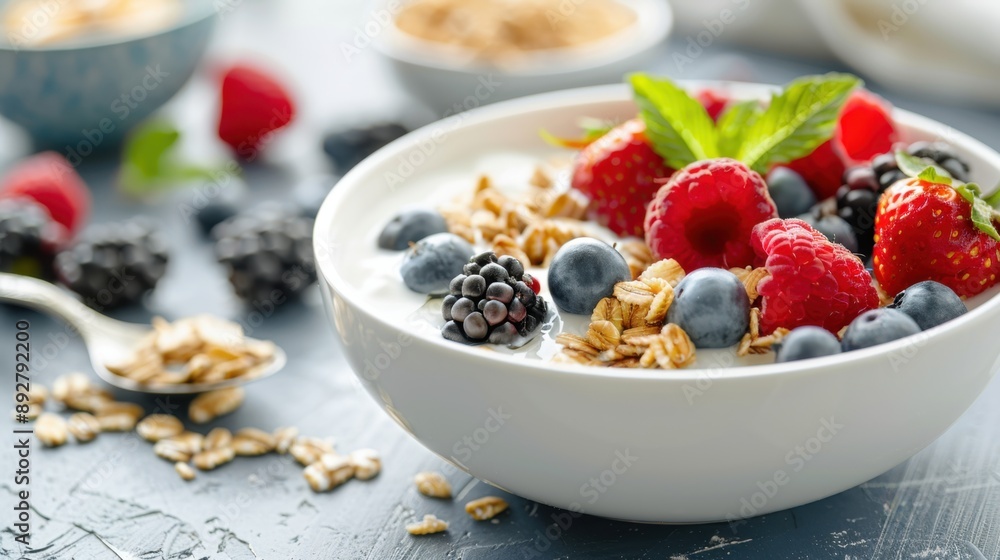 Delicious yogurt bowl topped with fresh berries and granola, perfect for a healthy breakfast or snack. Delicious yogurt bowl topped with fresh berries and granola, perfect for a healthy breakfast or snack.