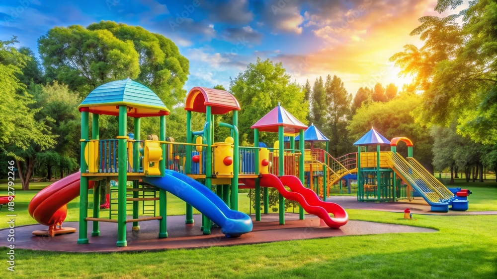 Colorful Playground with Slides and Swings at Sunset, playground, sunset, colorful, slide Colorful Playground with Slides and Swings at Sunset, playground, sunset, colorful, slide