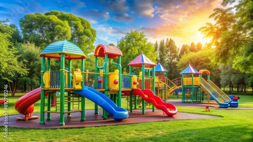 Wallpaper Mural Colorful Playground with Slides and Swings at Sunset, playground, sunset, colorful, slide Torontodigital.ca