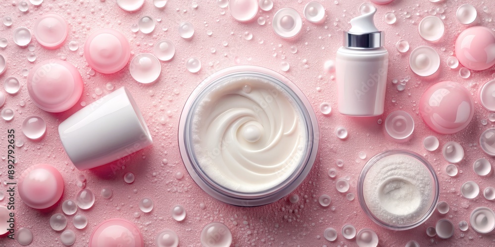 Creamy Glow Skincare Essentials with Pink Bubbles, Close-up, Flat Lay, Beauty Products, Skincare Routine, Cosmetics, Beauty Creamy Glow Skincare Essentials with Pink Bubbles, Close-up, Flat Lay, Beauty Products, Skincare Routine, Cosmetics, Beauty