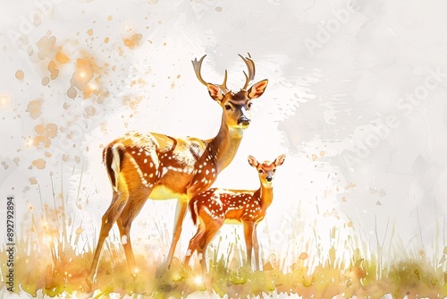 Serene Watercolor Illustration of Deer Family in Sunlit Meadow