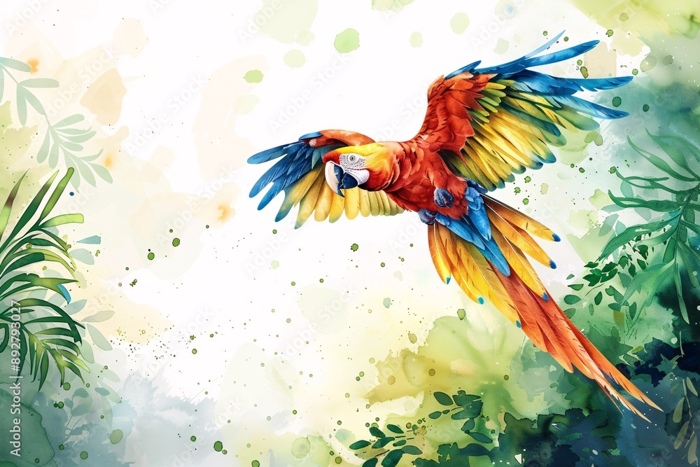 Obraz premium Watercolor macaw image of a colorful bird floating in a tropical rainforest on a white background.