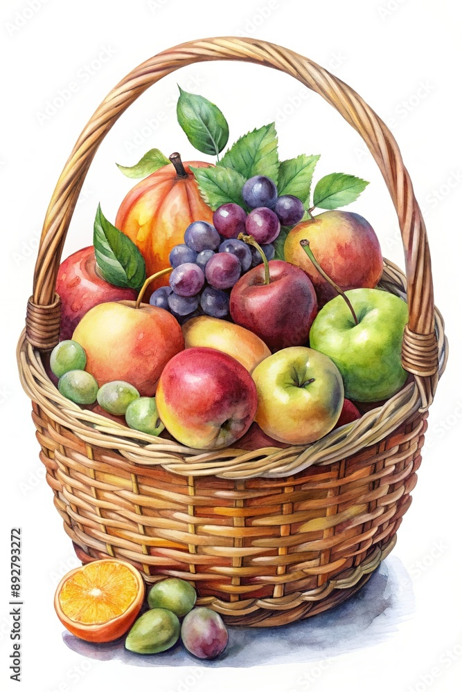 Wicker basket with different fruits and berries on white background. Apple, grape, pear, orange, tangerine, peach Wicker basket with different fruits and berries on white background. Apple, grape, pear, orange, tangerine, peach