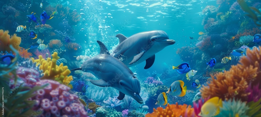 Vibrant Underwater Scene with Dolphins and Tropical Fish in a Colorful Coral Reef Vibrant Underwater Scene with Dolphins and Tropical Fish in a Colorful Coral Reef