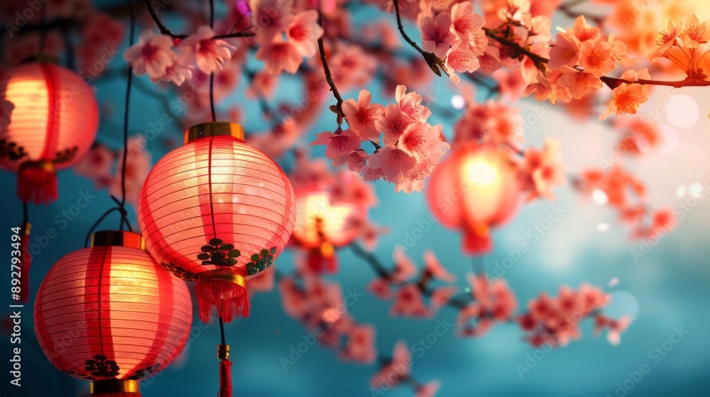Fototapeta premium Chinese new year celebration scene in anime style, A midautumn festival celebration with lanterns
