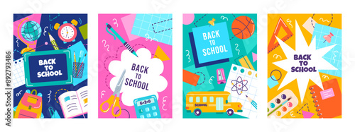 Vector posters set in modern style with geometric shapes, design elements on school themes. Back to school, education concept
