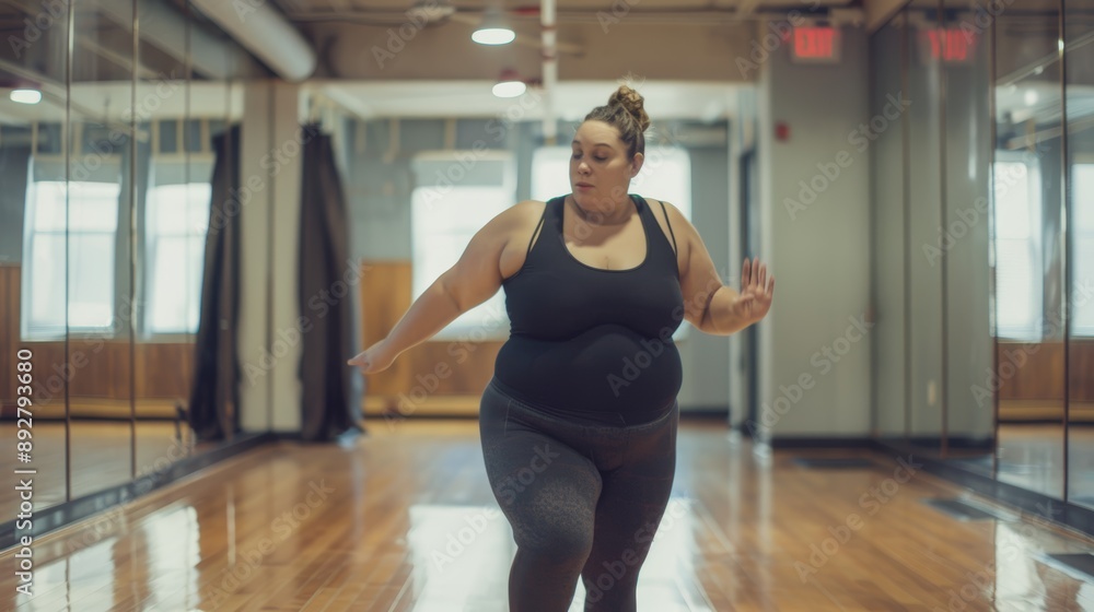 Plus-sized Woman Dancing Gracefully in Spacious Ballet Studio with Mirrored Walls and Wooden Floors Plus-sized Woman Dancing Gracefully in Spacious Ballet Studio with Mirrored Walls and Wooden Floors