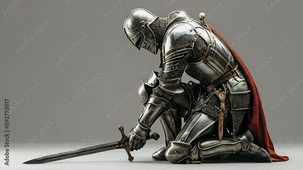 Noble knight kneels in solemn reflection, clad in ornate armor with a ...