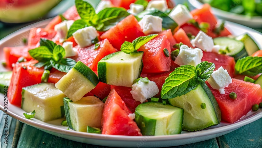 Fresh Watermelon, Cucumber, and Feta Salad with Mint, Close-up, Food Photography, Summer, Salad Fresh Watermelon, Cucumber, and Feta Salad with Mint, Close-up, Food Photography, Summer, Salad