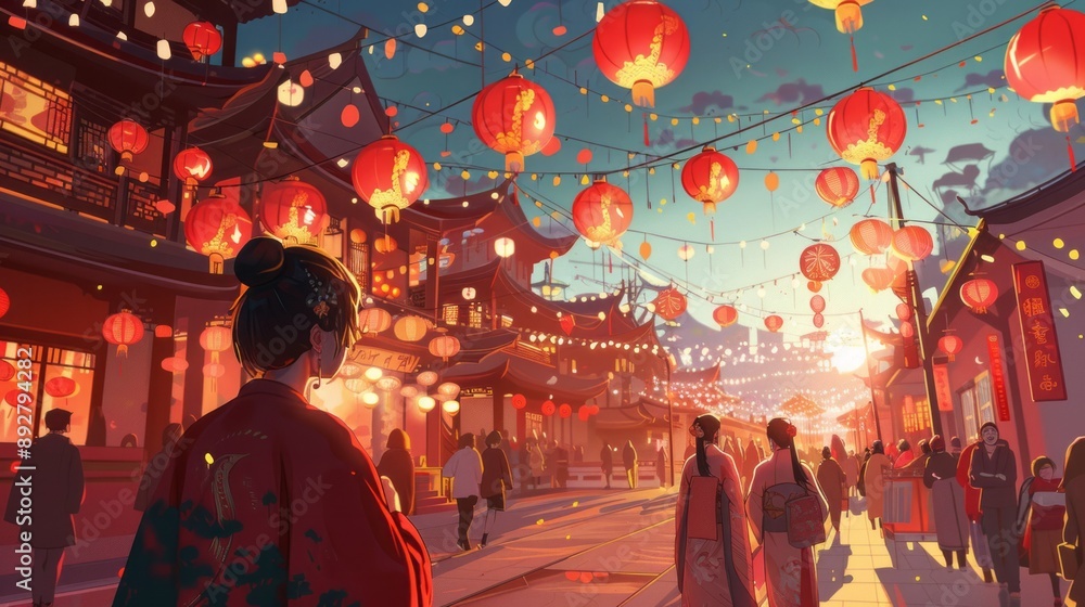 Obraz premium Chinese new year celebration scene in anime style, A midautumn festival celebration with lanterns