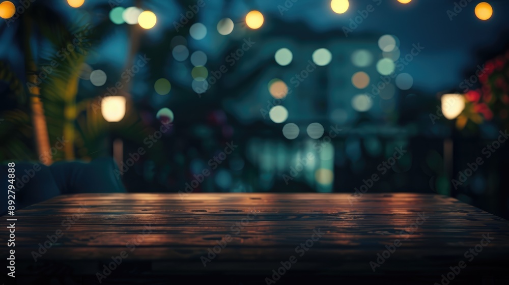 Nighttime empty coffee table against blurred background with copy space Nighttime empty coffee table against blurred background with copy space