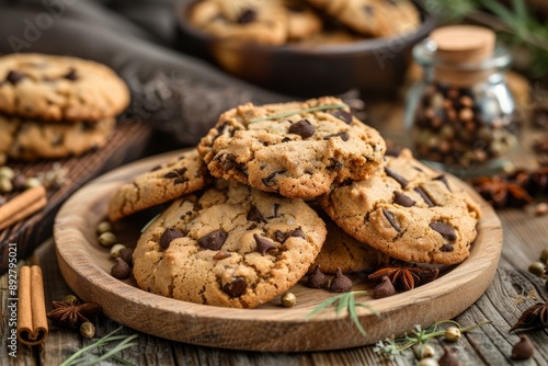 Freshly baked chocolate chip cookies piled on a rustic wooden plate, surrounded by spices