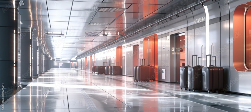 Sleek Modern Train Station with Row of Luggage in Clean Futuristic Design for Travel Themes Sleek Modern Train Station with Row of Luggage in Clean Futuristic Design for Travel Themes