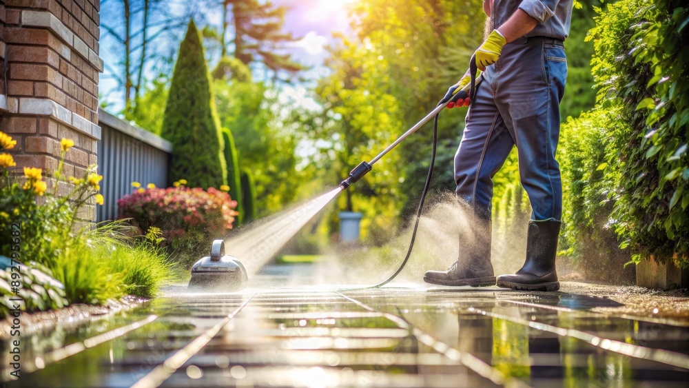 Low Angle View of a Man Power Washing a Patio, power washing, patio cleaning, outdoor cleaning, pressure washing