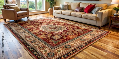 Living Room Interior with Oriental Rug, Couch and Armchair, hardwood floor, interior design , rug , home decor , furniture