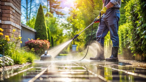 Obraz na płótnie Low Angle View of a Man Power Washing a Patio, power washing, patio cleaning, outdoor cleaning, pressure washing w salonie