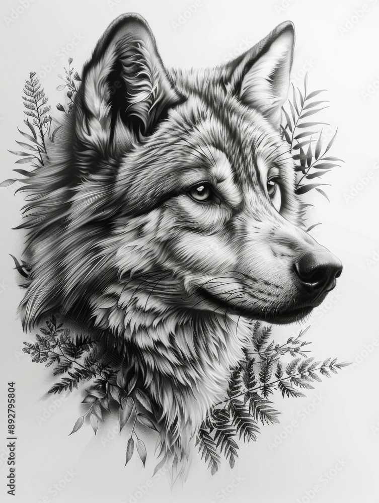 Fototapeta premium Detailed Black and White Wolf Portrait with Botanical Elements