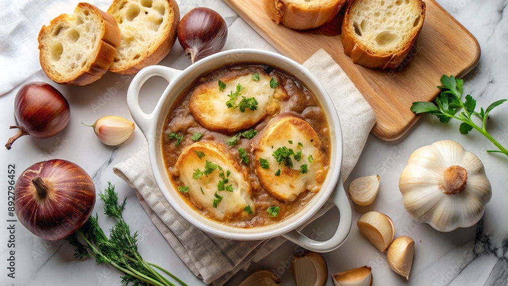 Overhead View of French Onion Soup with Toasted Bread, French Onion Soup, Soup, Cuisine, French Food Overhead View of French Onion Soup with Toasted Bread, French Onion Soup, Soup, Cuisine, French Food