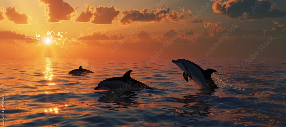Fototapeta premium Majestic Ocean Sunset with Playful Dolphins Silhouetted Against Vibrant Sky