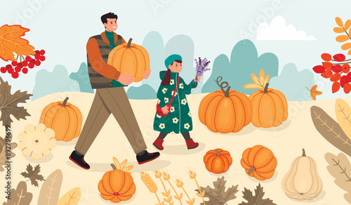 Autumn vector illustration with happy family and pumpkin.Outdoor activities background with smiling dad and child among fall plants.Cartoon landscape with farm harvest.Design for card,banner template.
