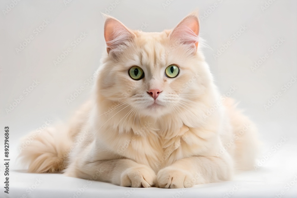 Cream-colored cat sitting in a regal pose with a white background, highlighting its soft fur and bright eyes. Cream-colored cat sitting in a regal pose with a white background, highlighting its soft fur and bright eyes.