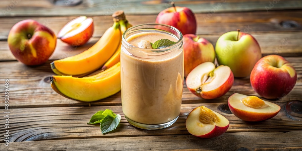 Refreshing Peach, Apple and Banana Smoothie in Glass, Peach , Apple , Banana , Smoothie Refreshing Peach, Apple and Banana Smoothie in Glass, Peach , Apple , Banana , Smoothie