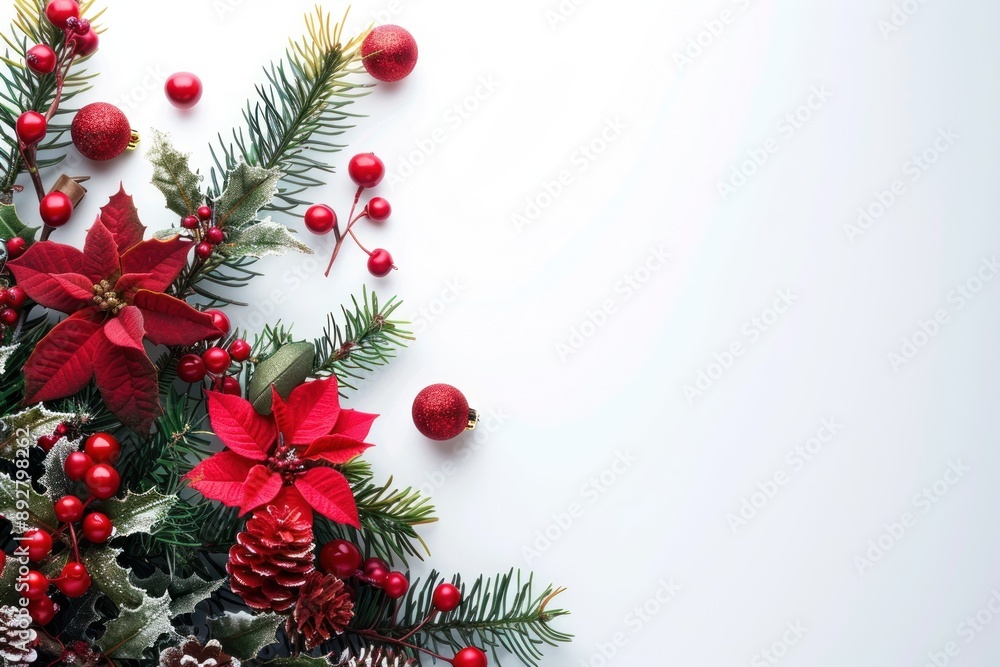 Christmas composition. Christmas wreath on white background. Flat lay, top view, copy space Christmas composition. Christmas wreath on white background. Flat lay, top view, copy space
