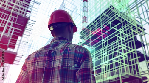 Face of an engineer wearing a construction worker's helmet. Universal specialist. Illustration for cover, card, postcard, interior design, banner, poster, brochure or presentation.