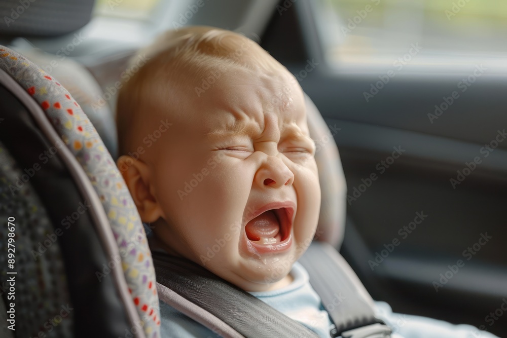 Close up Crying baby. Crying baby in a child car seat in the car Close up Crying baby. Crying baby in a child car seat in the car