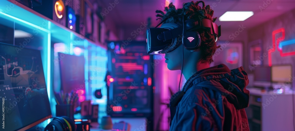 Fototapeta premium Young Prodigy Developing Virtual Reality Project in Neon-Lit High-Tech Workspace