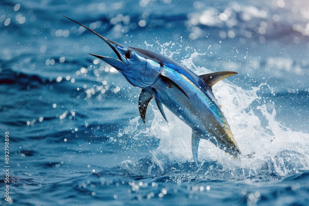 Obraz premium Close up marlin jumping from the water, its bill and fins shining in the light