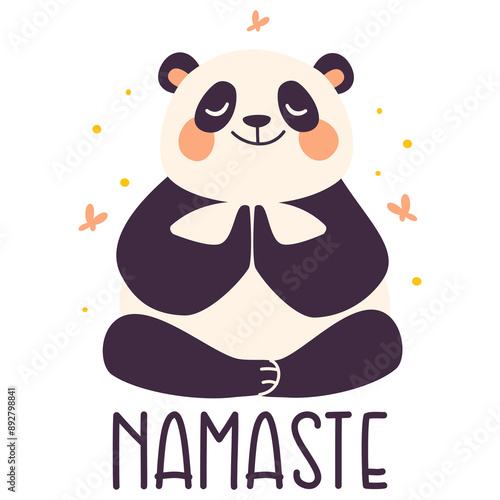Cute panda sitting in lotus pose and meditating. flat vector illustration in kids style, inscription Namaste. Vector illustration
