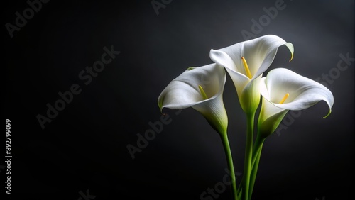Fototapeta Naklejka Na Ścianę i Meble -  Three White Calla Lilies on Black Background, Calla Lily, White Flower, Black Background, Flower Photography