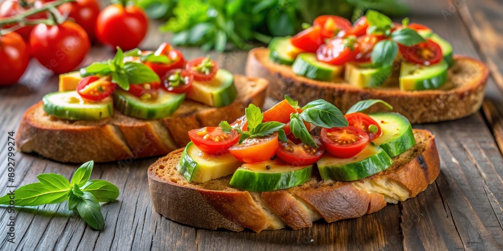 Tomato and Cucumber Bruschetta with Basil, Close-up, Food Photography, Italian Cuisine, appetizer , bruschetta , recipe Tomato and Cucumber Bruschetta with Basil, Close-up, Food Photography, Italian Cuisine, appetizer , bruschetta , recipe