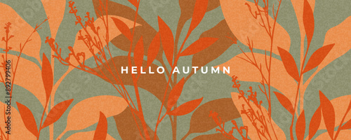 Trendy modern art style abstract autumn poster or cover with bright beautiful leaves and plants. Fall background, web banner, or flyer design. Template for advertising, print, packaging, social media