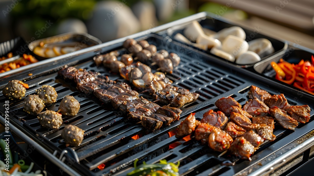Grilled meat set with pork, meatballs, and vegetables on traditional Korean BBQ grill Grilled meat set with pork, meatballs, and vegetables on traditional Korean BBQ grill