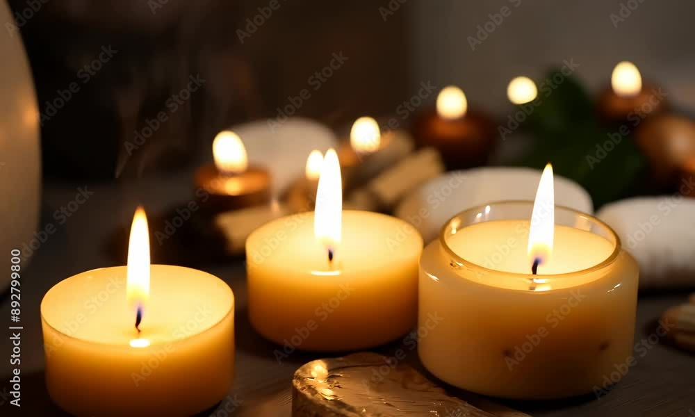 A white vase with candles in it is lit. The scene is peaceful and calming A white vase with candles in it is lit. The scene is peaceful and calming