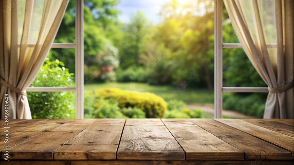 Wooden Table by the Window with a Green Garden View, Tabletop, Sunlight, Nature, Outdoors, Window, Garden Wooden Table by the Window with a Green Garden View, Tabletop, Sunlight, Nature, Outdoors, Window, Garden