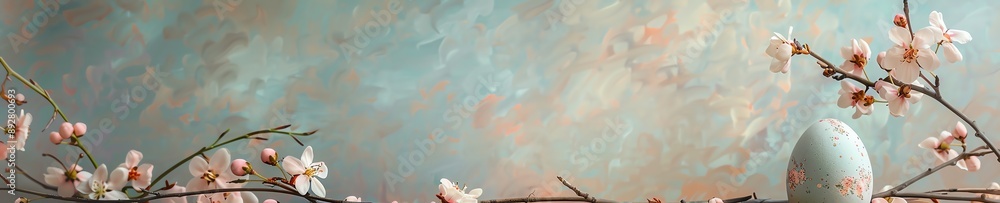 Fototapeta premium 12 A duck egg adorned with delicate flowers, set against a pastel background, placed on the right side