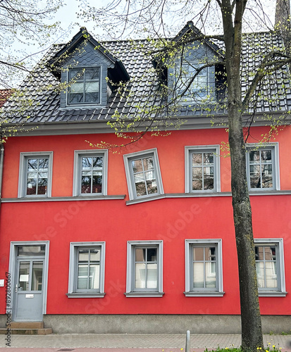 A red house with interesting facade, Greifswald, Germany 