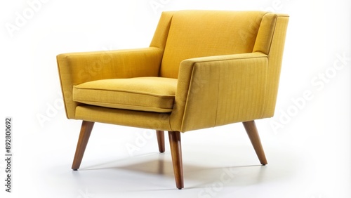 Yellow Armchair with Wooden Legs on White Background, armchair, furniture, interior, design, home