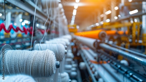 Textile manufacturing depicting circular knitted fabric Spinning production line in a textile factory with rotating machinery Focus on clothing industry and textile fabric manufacturing