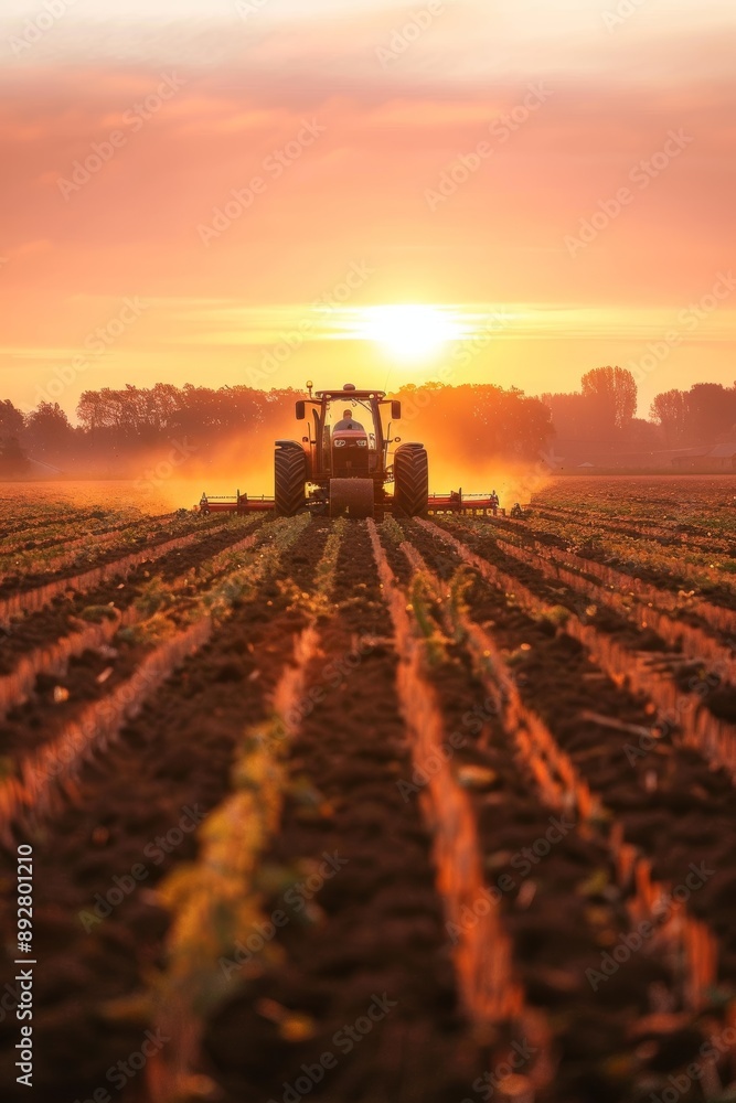 Obraz premium Golden Sunrise Over Field with Tractor Engaged in Early Morning Deep Tillage Activity