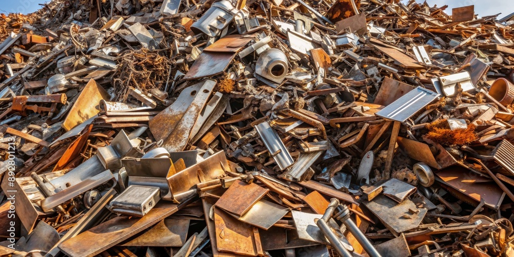A Pile of Scrap Metal, Rusty and Gleaming in the Sunlight, Recycling , Scrap Metal, Steel, Junk Yard , Waste A Pile of Scrap Metal, Rusty and Gleaming in the Sunlight, Recycling , Scrap Metal, Steel, Junk Yard , Waste