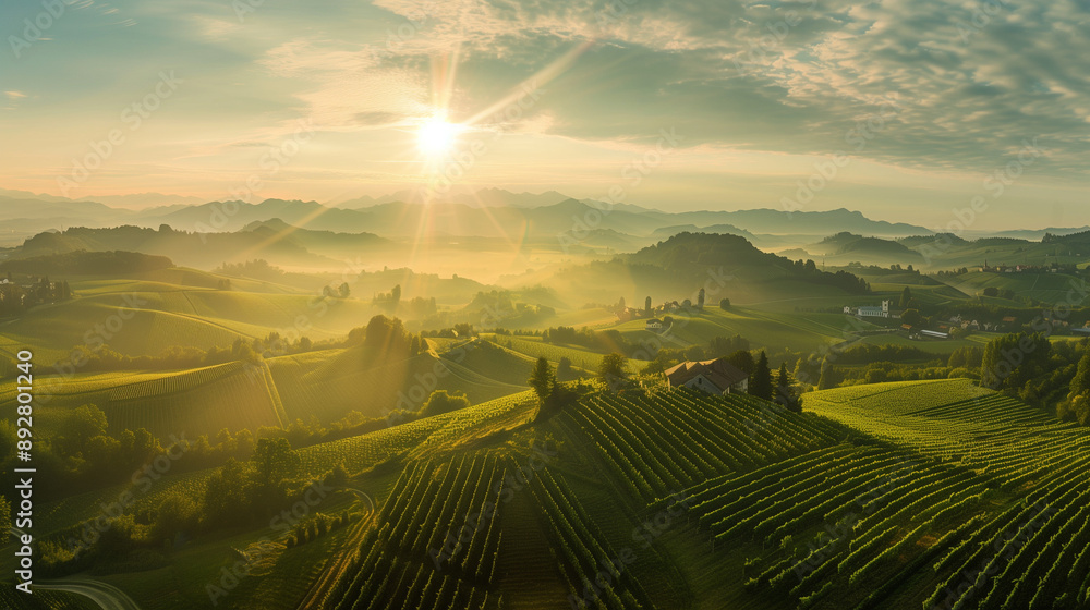 Obraz premium Beautiful panoramic view of a vineyard at sunrise